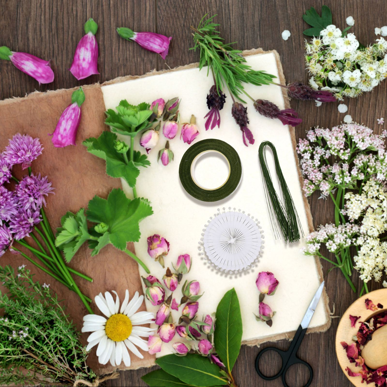 Wire Stem Florist - 1Set Kit Rangkaian Bunga dengan Pita